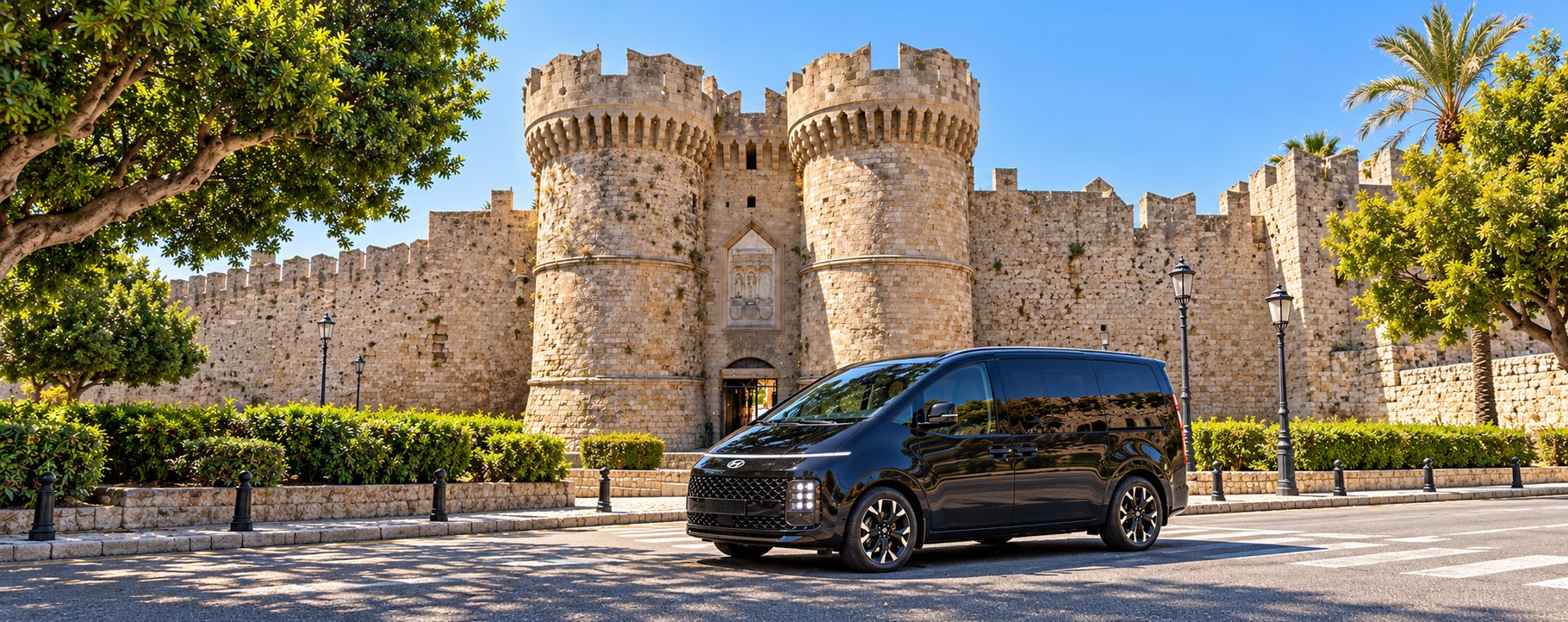 A black Perloo van outside the Palace of the Grand Master in the medieval city of Rhodes.